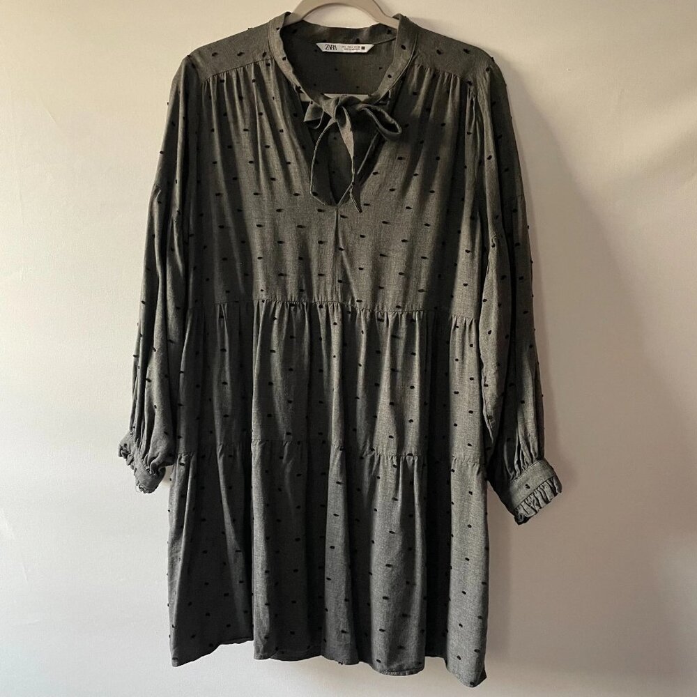 Zara Womens Gray Tie Neck Polka Swiss Dotted Tiered Mini Dress Size Large